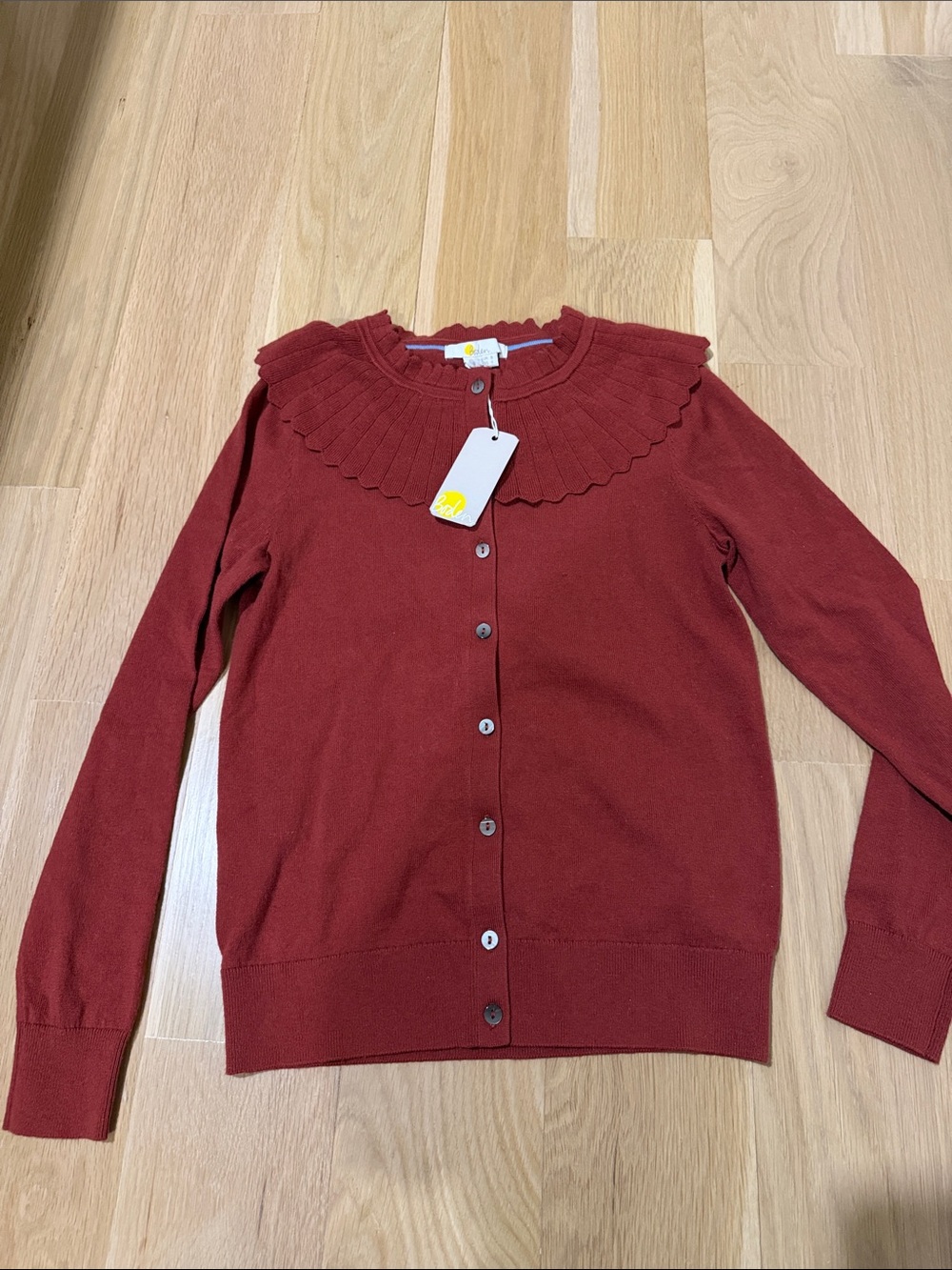 Boden Ruffle Collar Cardigan Sweater - Deep Reddish rust